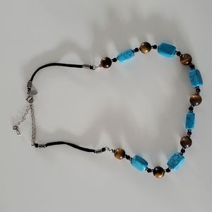 Lia Sophia Black Leather Multi Length Necklace w Blue and Brown Accent Necklace